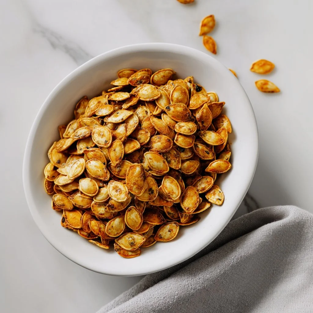 A bowl of crispy roasted winter squash seeds, a healthy zero-waste snack.