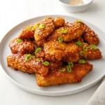 Crispy Honey BBQ Chicken Tenders on a plate garnished with herbs