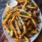 Crispy oven-baked rosemary fries topped with garlic and parmesan.