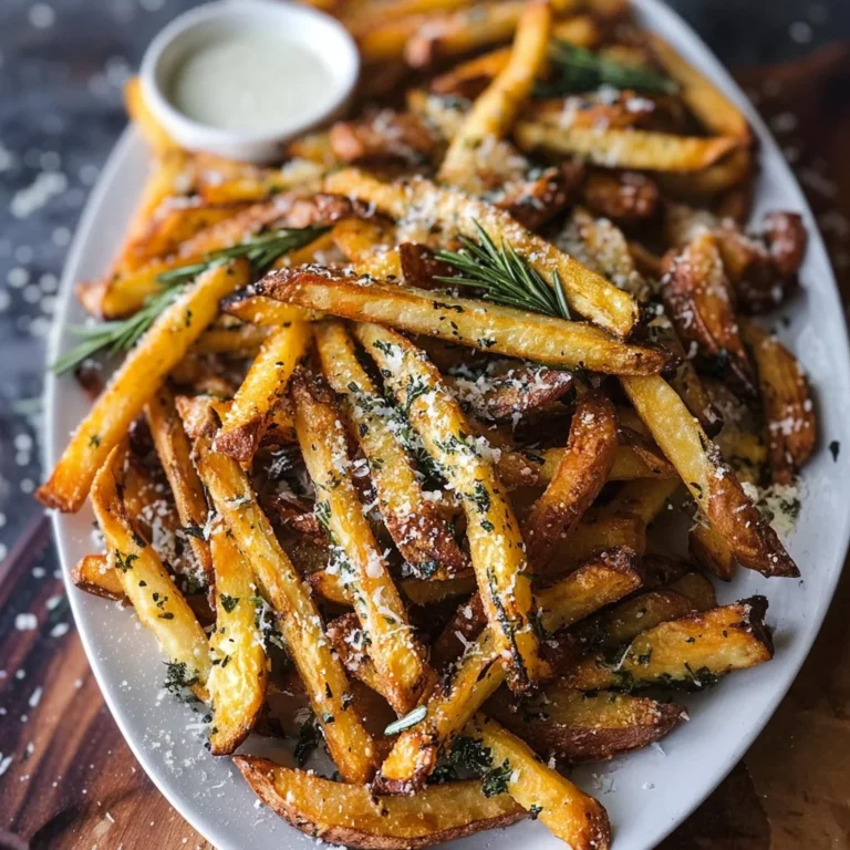 Crispy oven-baked rosemary fries topped with garlic and parmesan.