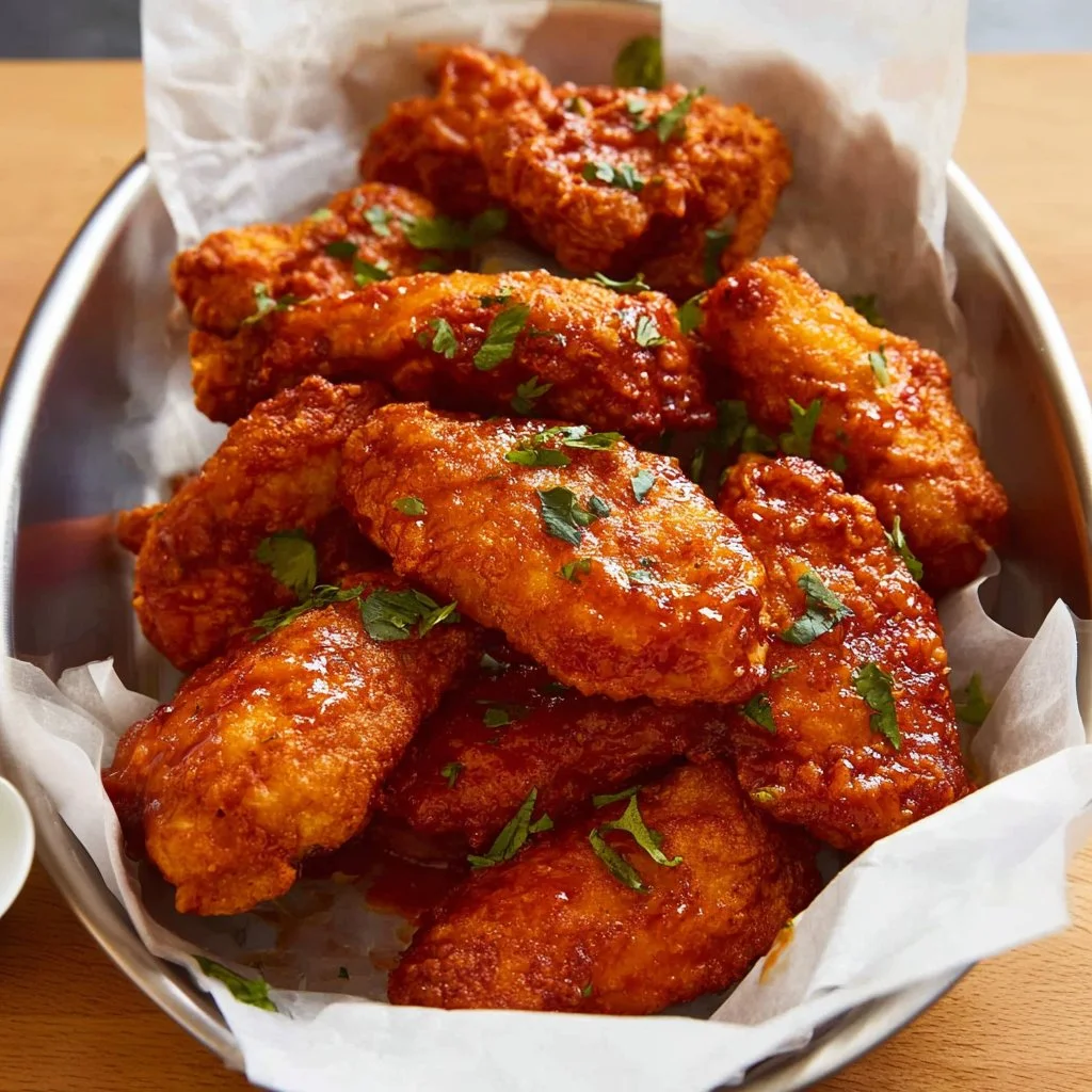 Delicious deep fried buffalo wings ready to be served with dipping sauce.