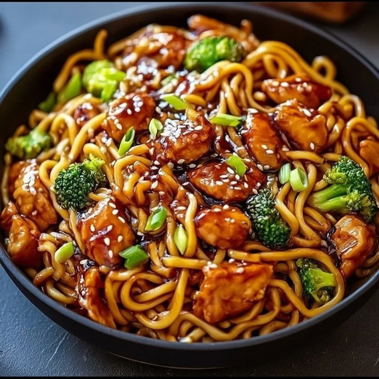 Delicious chicken teriyaki noodles dish with vibrant vegetables and sauce.