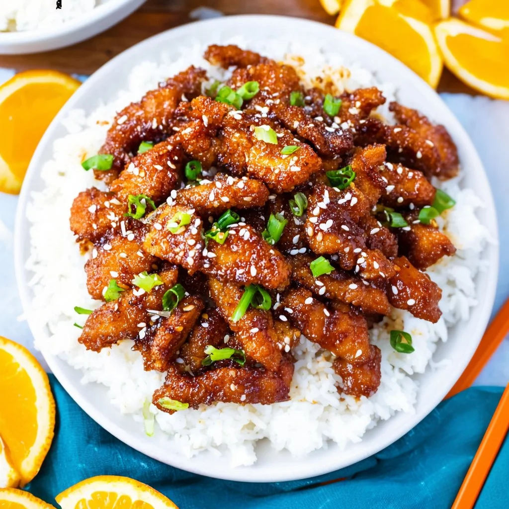 Crispy Ginger Sesame Chicken garnished with sesame seeds and green onions.