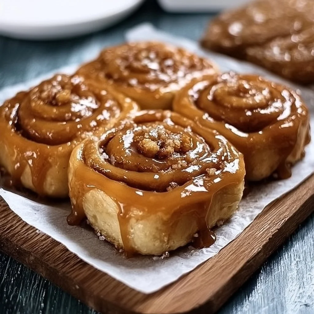 Freshly baked old-fashioned caramel rolls drizzled with rich caramel sauce