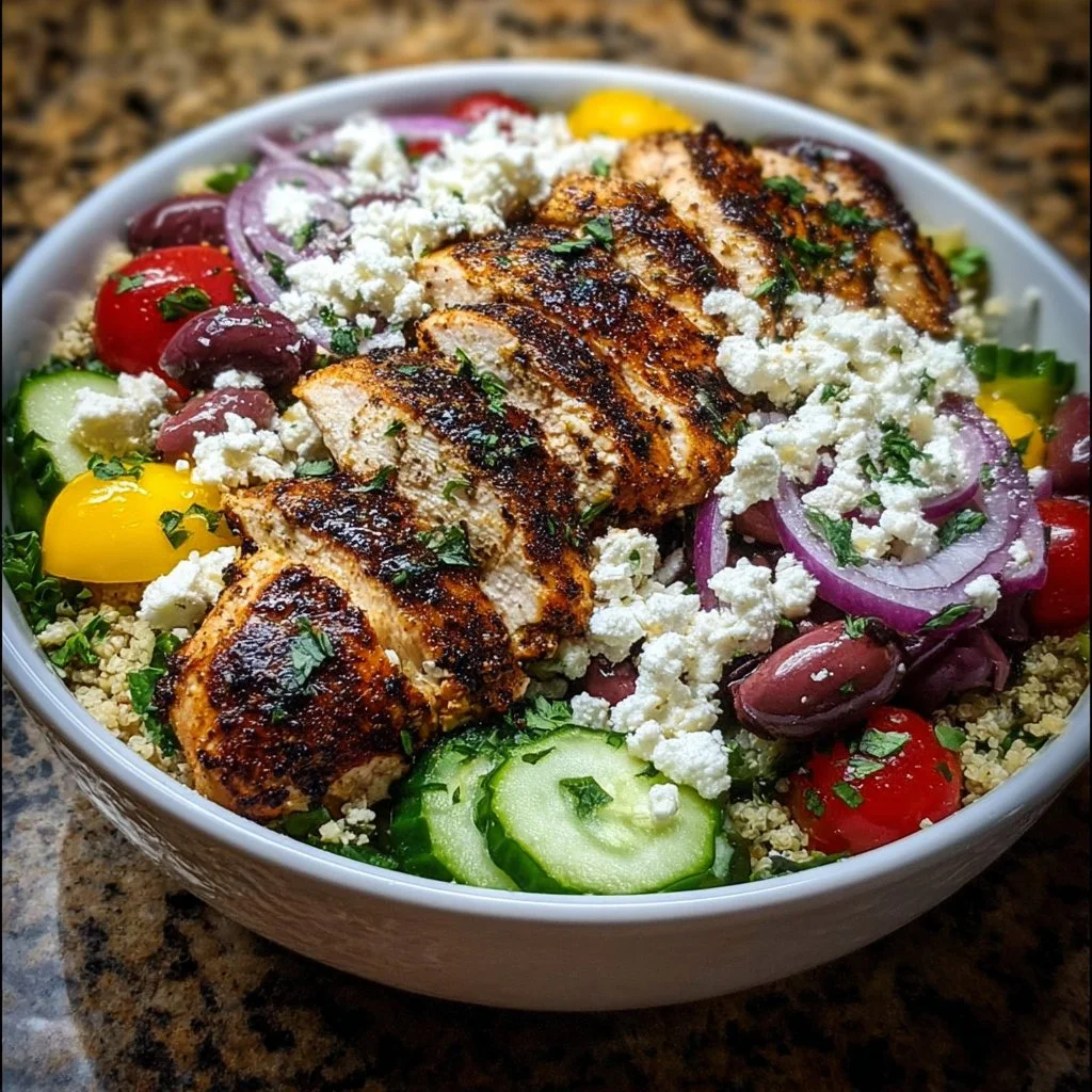 A delicious Greek Chicken Bowl topped with fresh vegetables and tzatziki sauce.
