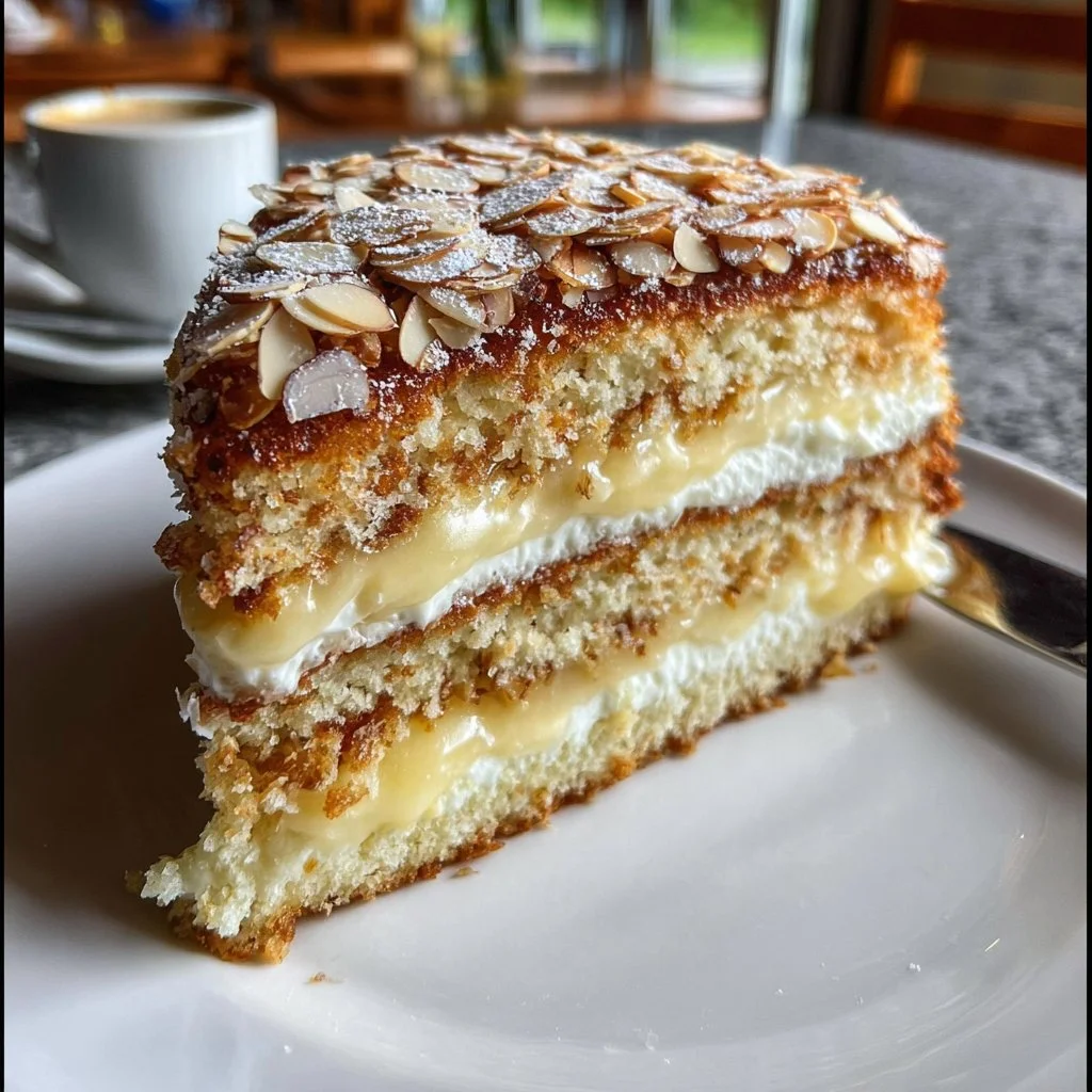 Bee Sting Cake topped with creamy filling and almonds, a delicious dessert treat.
