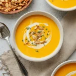 Bowl of easy vegan butternut squash soup garnished with herbs