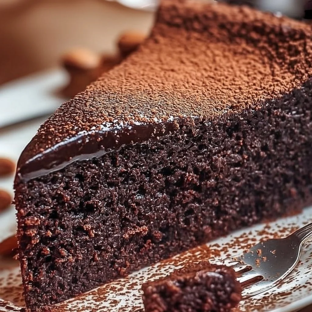 Slice of easy chocolate almond yogurt cake on a plate, gluten-free dessert