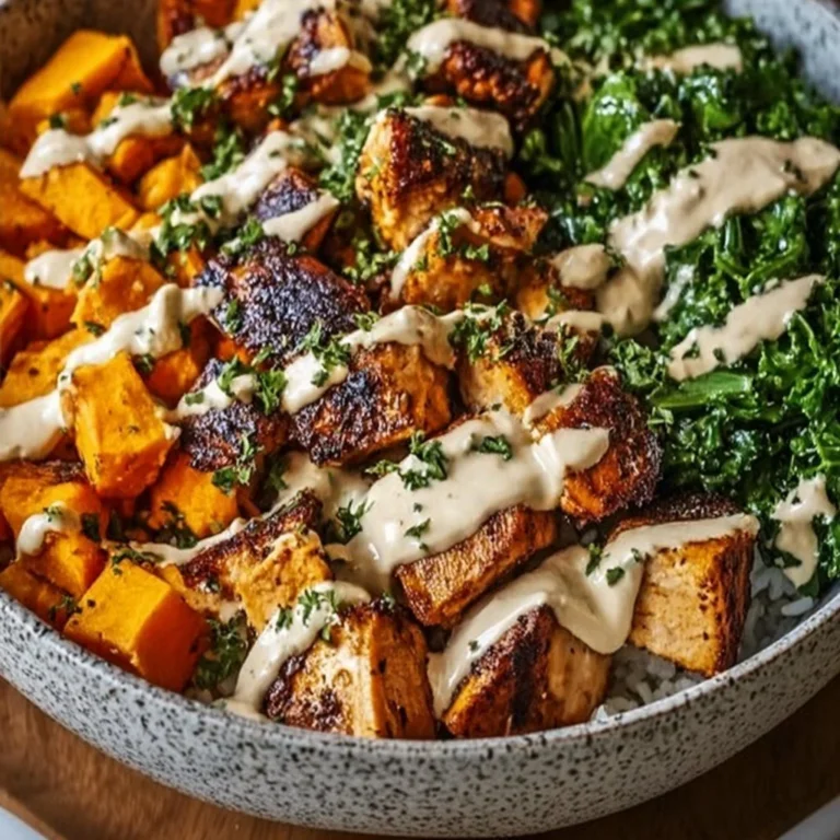 Healthy chicken sweet potato bowl with colorful vegetables and sauce.