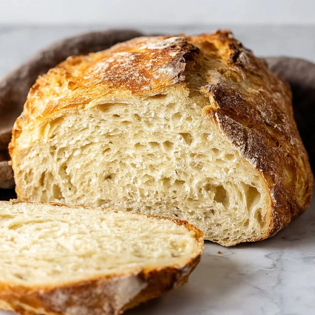Homemade no knead bread baked in a Dutch oven with crispy crust.