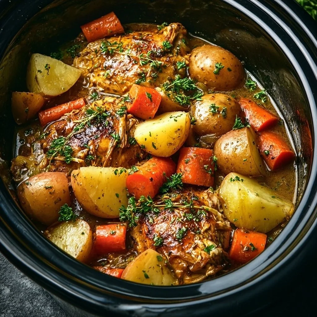 Delicious bowl of crockpot chicken pot roast with vegetables and herbs