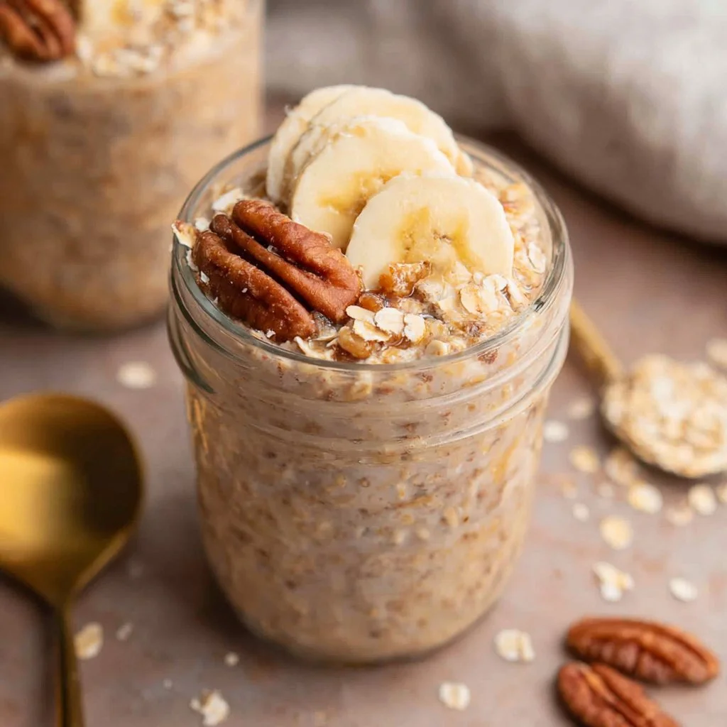 A bowl of banana bread overnight oats topped with sliced bananas and walnuts.