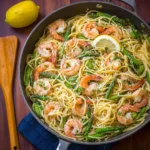 Plate of Garlic Butter Shrimp Scampi Pasta with parsley garnish