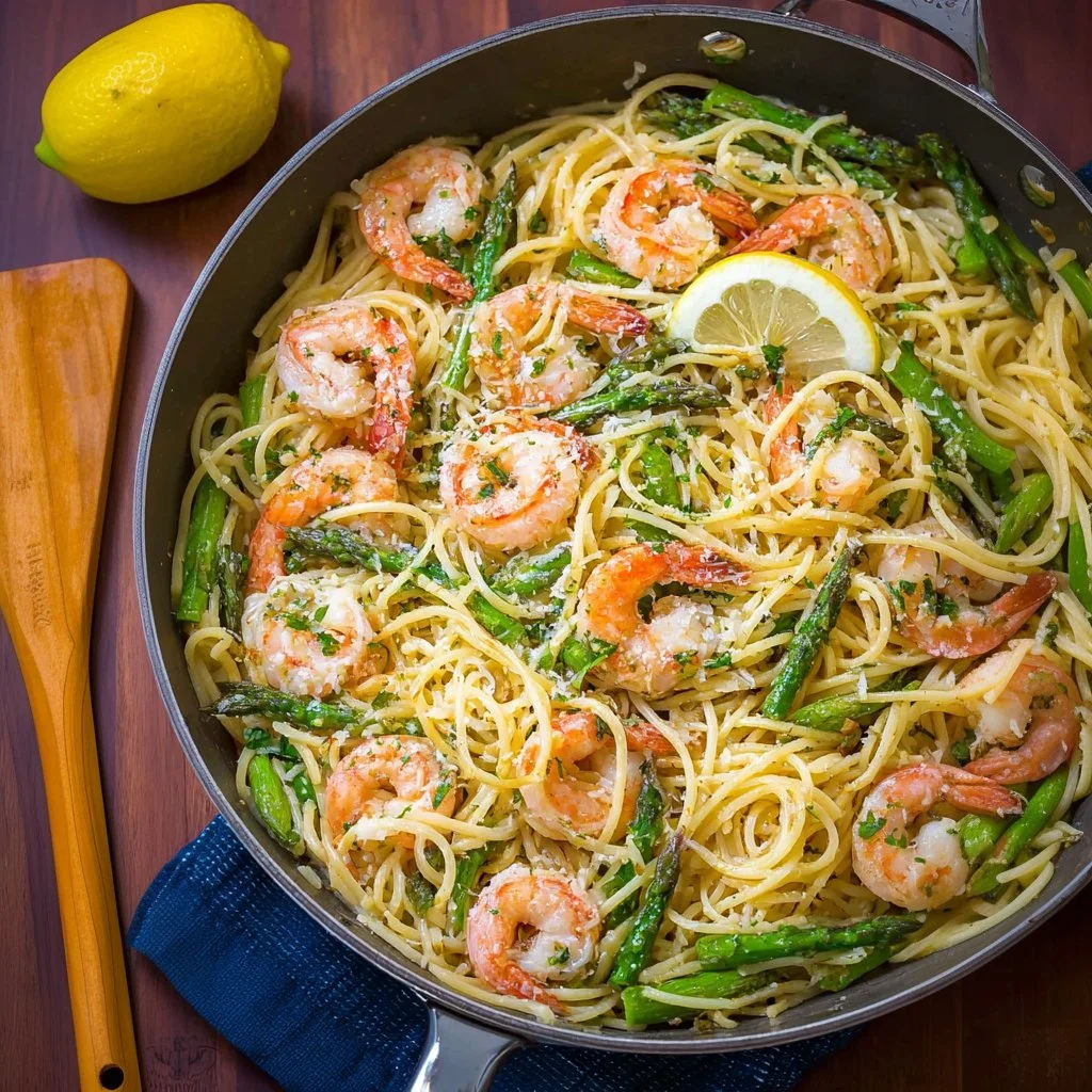 Plate of Garlic Butter Shrimp Scampi Pasta with parsley garnish
