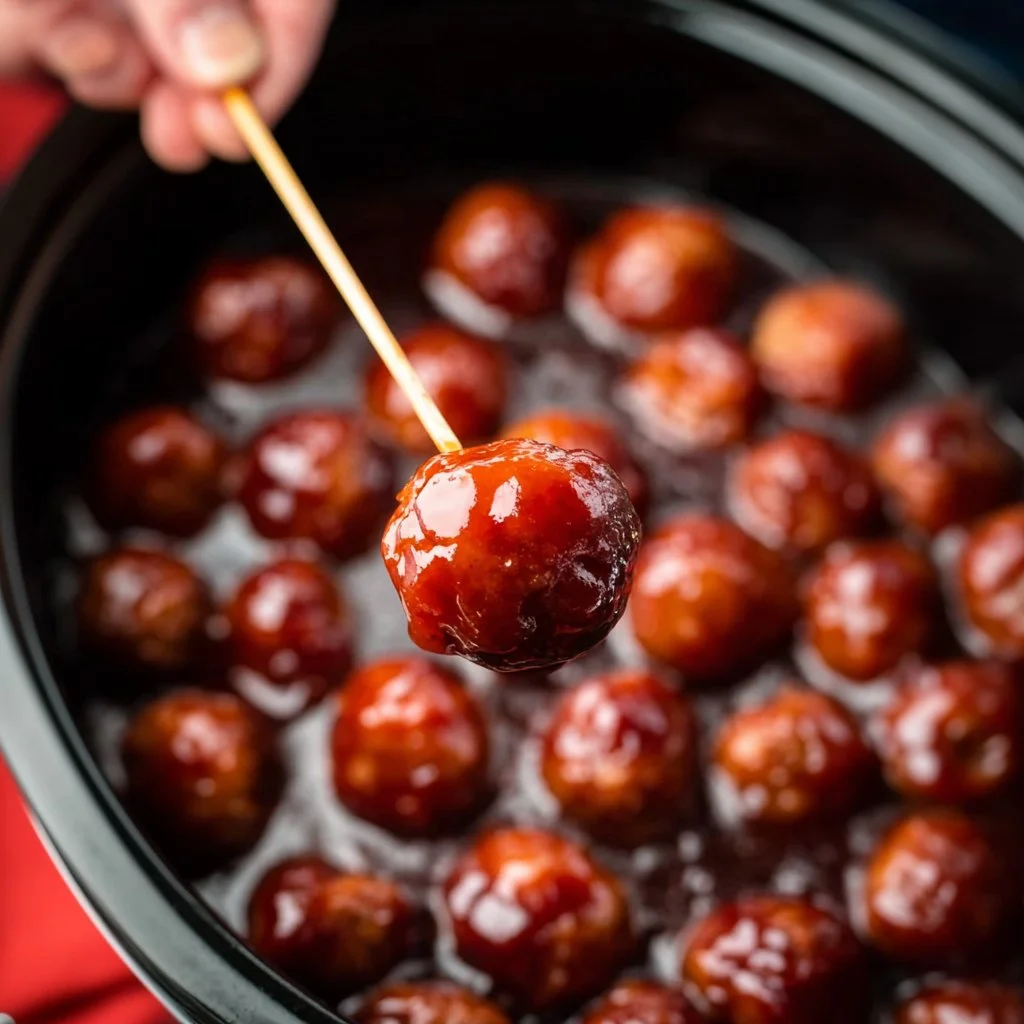 Plate of delicious grape jelly meatballs served as a savory appetizer