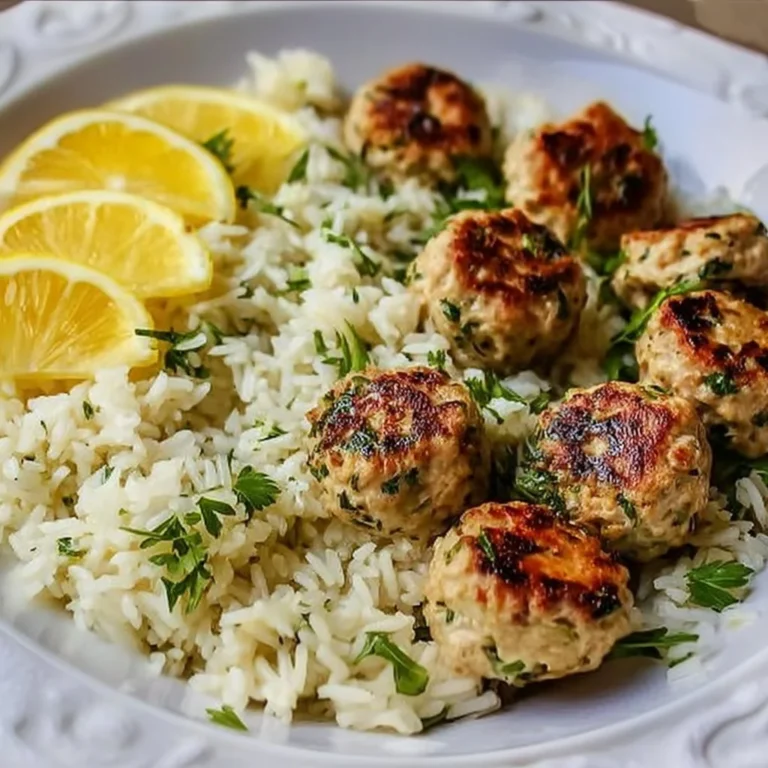 Plate of Greek Turkey Meatballs served with Lemon Herb Rice