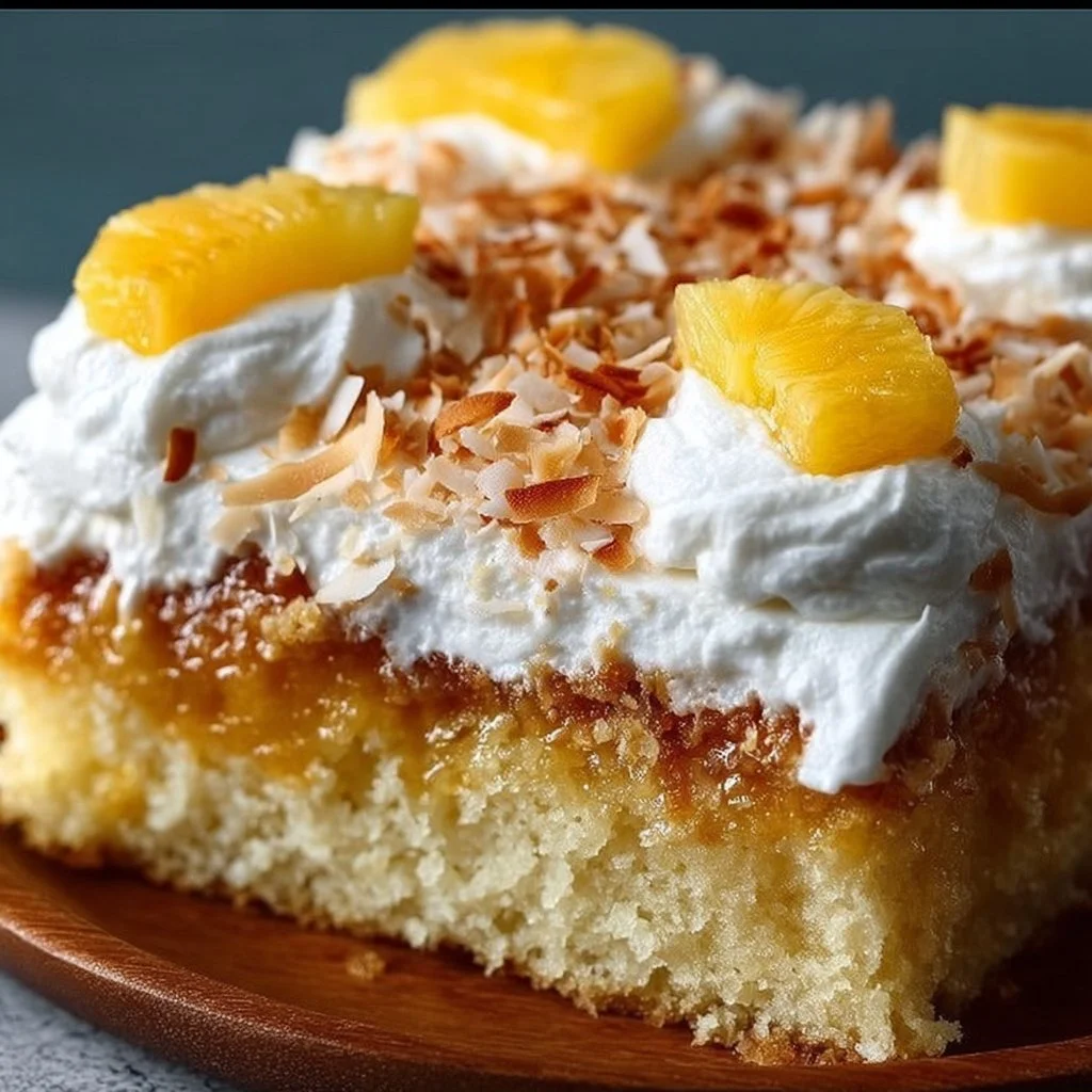 Hawaiian Pineapple Cake Delight topped with fresh pineapple and cream