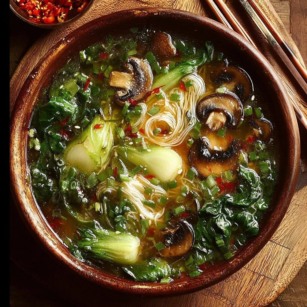 Bowl of healing ginger garlic broth with rice noodles and fresh herbs