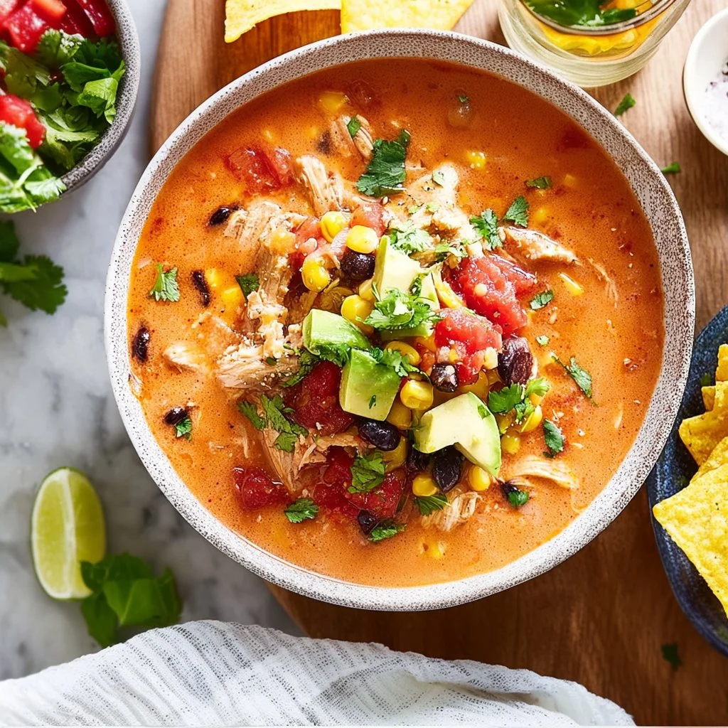 Healthy chicken taco soup in a bowl with fresh toppings and vegetables