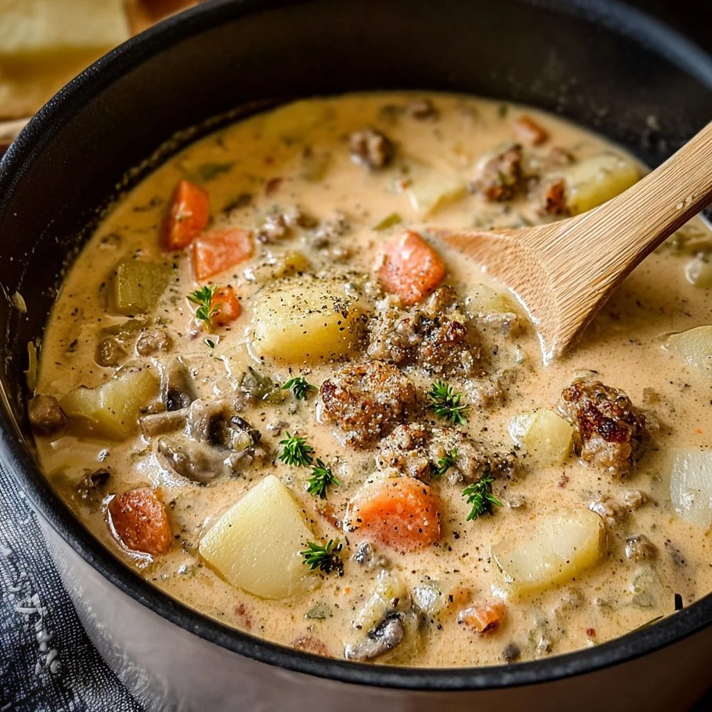 Bowl of heartwarming potato sausage chowder garnished with herbs.