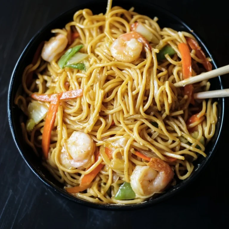 Plate of Hibachi Noodles with Shrimp garnished with vegetables and sauce