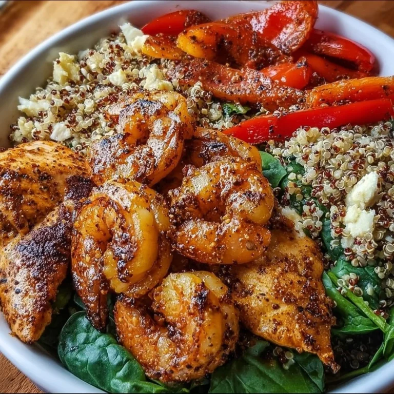 High-protein chicken and shrimp power bowls served with vibrant veggies and grains