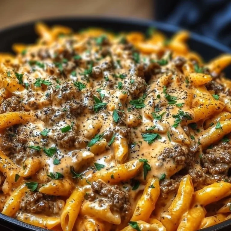 Creamy beef pasta dish served in a bowl, garnished with parsley.