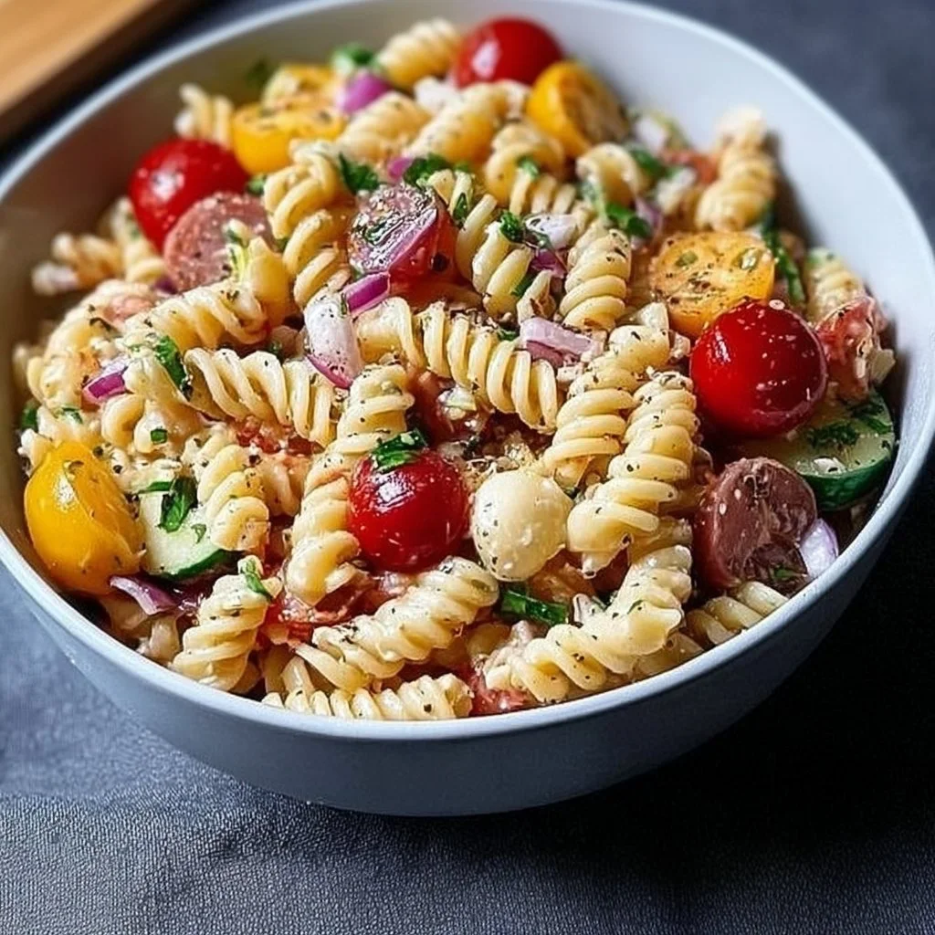 High protein Italian pasta salad with colorful vegetables and dressing