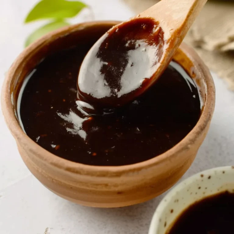 Bowl of Hoisin Sauce surrounded by fresh vegetables and dipping snacks