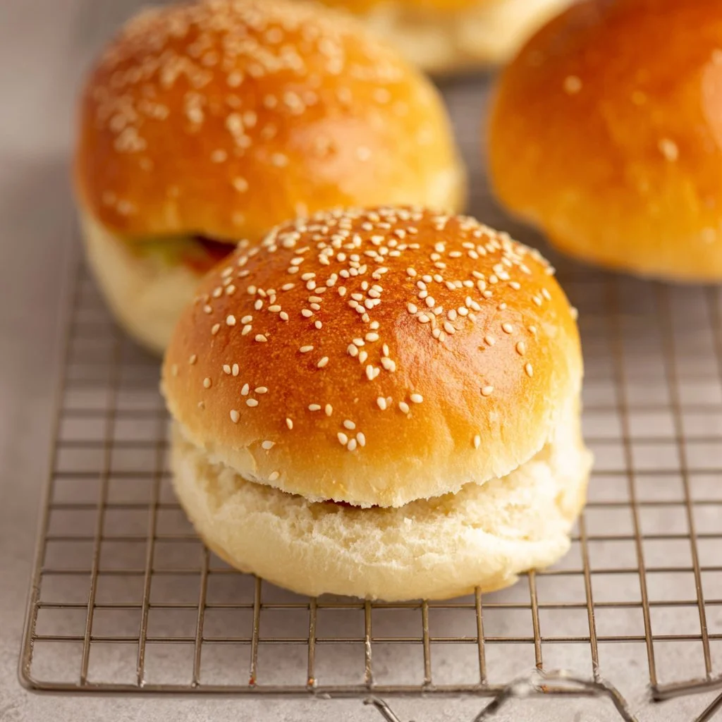 Homemade hamburger buns fresh out of the oven, perfect for burgers.