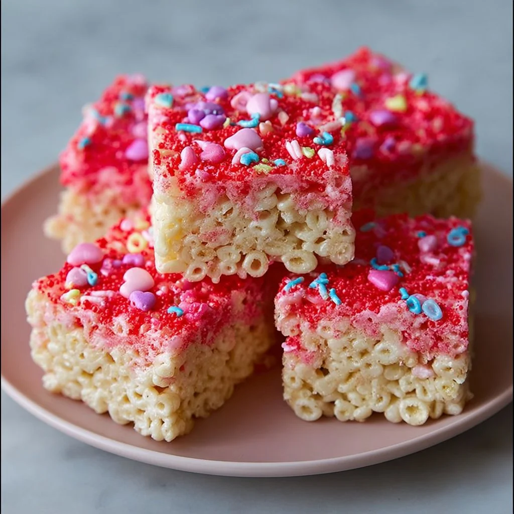 Homemade Rice Krispies Treats decorated for Valentine's Day