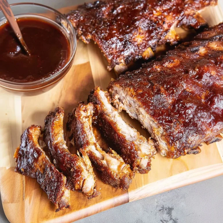 Delicious oven baked ribs ready to be served, falling off the bone.