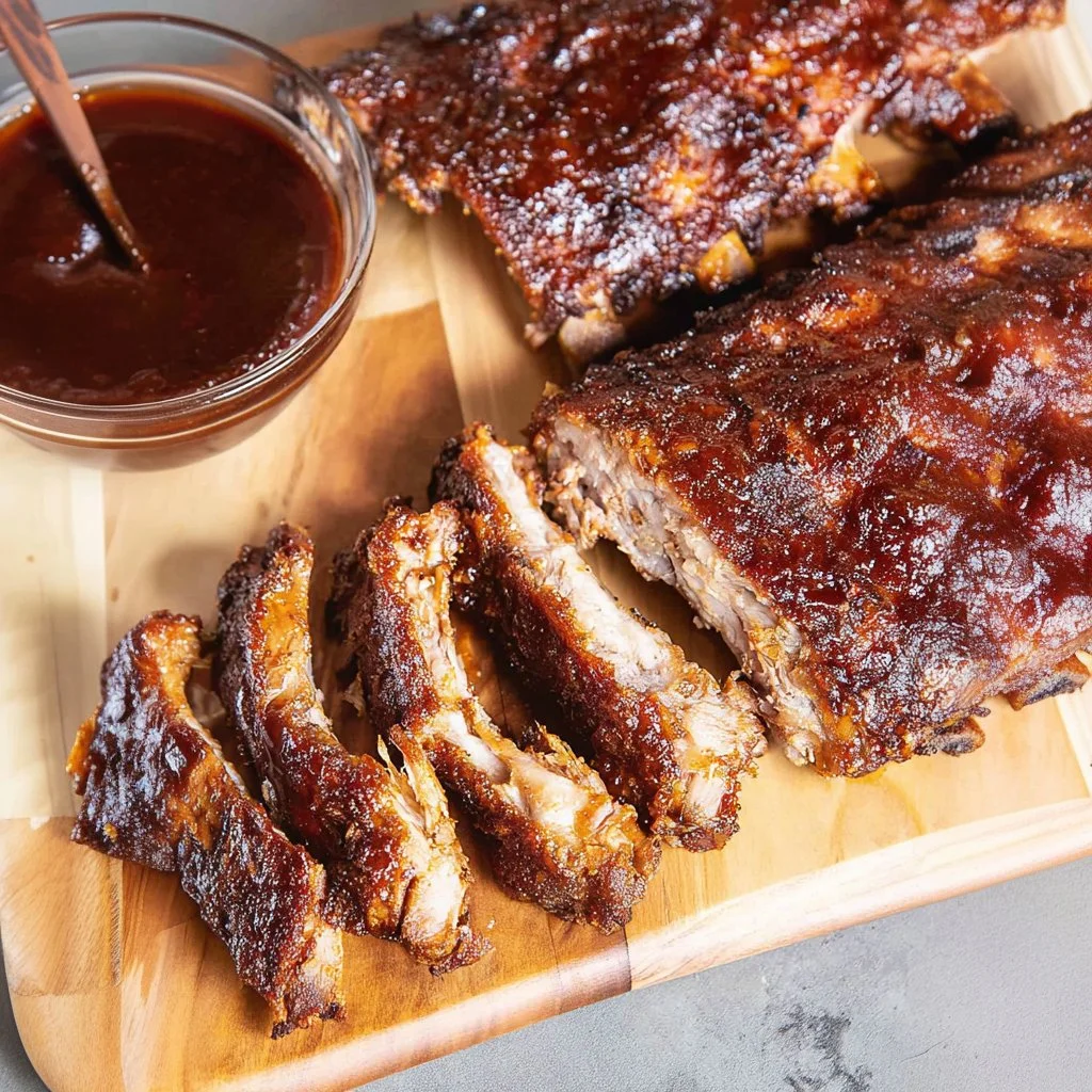 Delicious oven baked ribs ready to be served, falling off the bone.