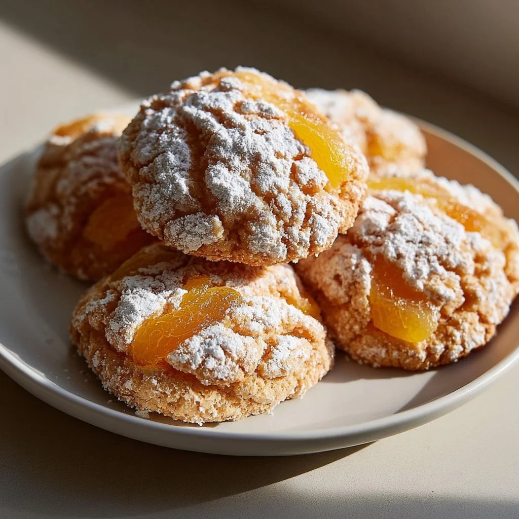 Delicious apricot pillow cookies dusted with powdered sugar on a plate.