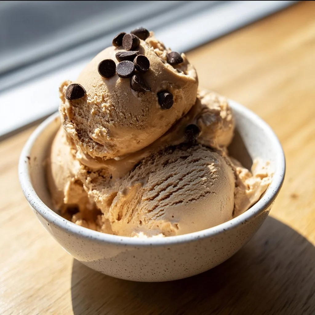Bowl of homemade protein ice cream topped with fresh berries and nuts
