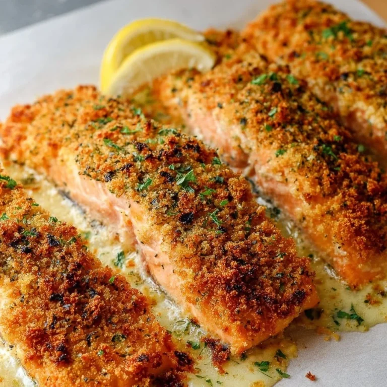 Parmesan Crusted Salmon with a creamy mayo layer, garnished and ready to serve.