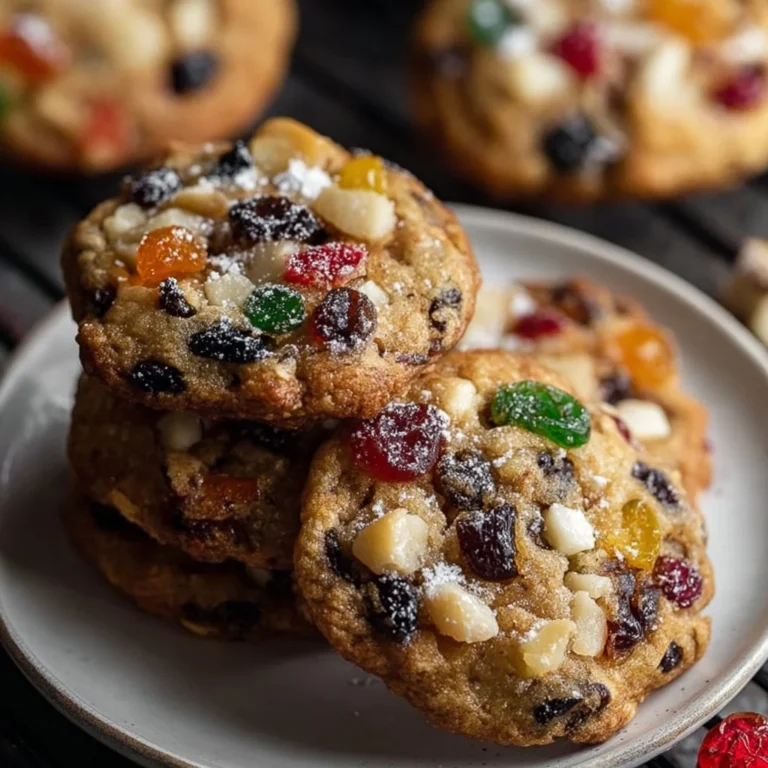 Homemade fruitcake cookies on a wooden table, decorated for the holidays.