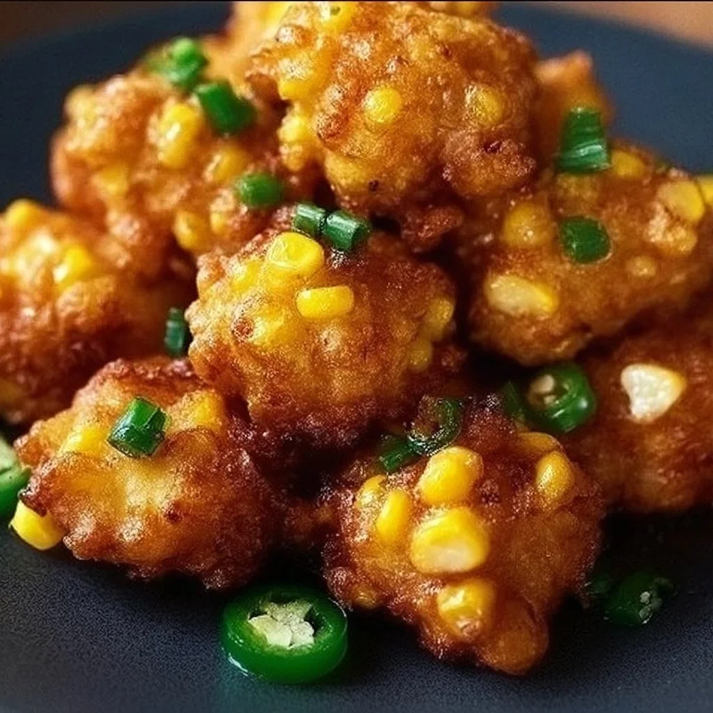 Plate of spicy Jalapeno Corn Fritters with a dipping sauce on the side.