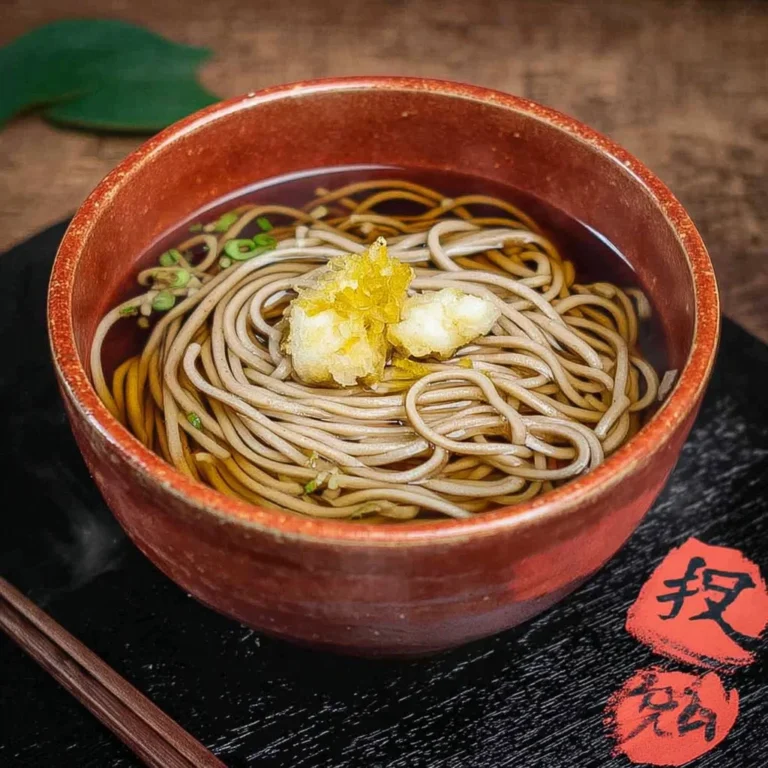Delicious bowl of Kake Soba, a simple hot soba noodle soup ready to savor.