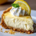 Creamy lemon cheesecake slice topped with fresh lemons and mint leaves