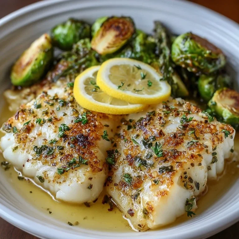 Delicious Lemon Garlic Butter Cod served with crispy Brussels sprouts in a bowl.