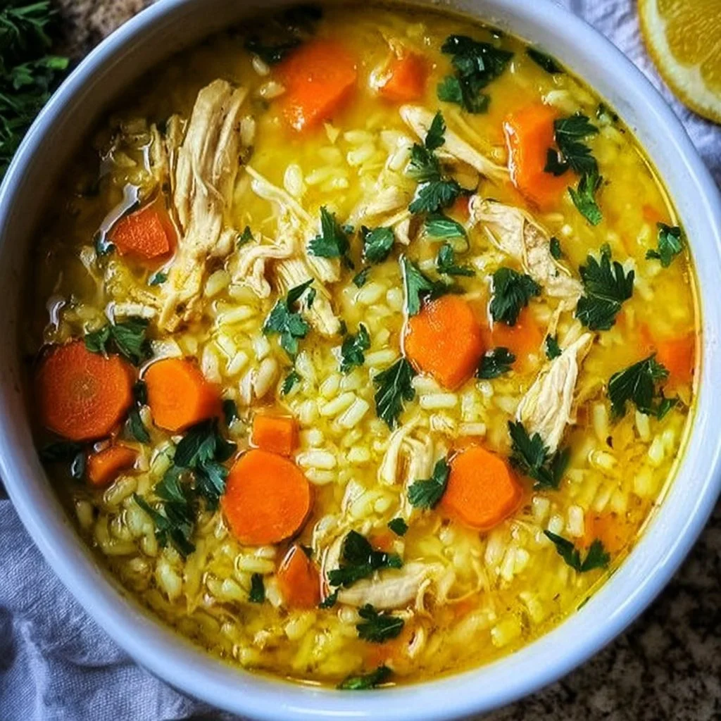 Bowl of Lemon Ginger Turmeric Chicken and Rice Soup garnished with herbs