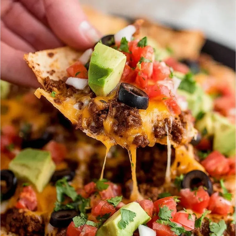 Delicious loaded nachos topped with cheese, jalapeños, and guacamole.