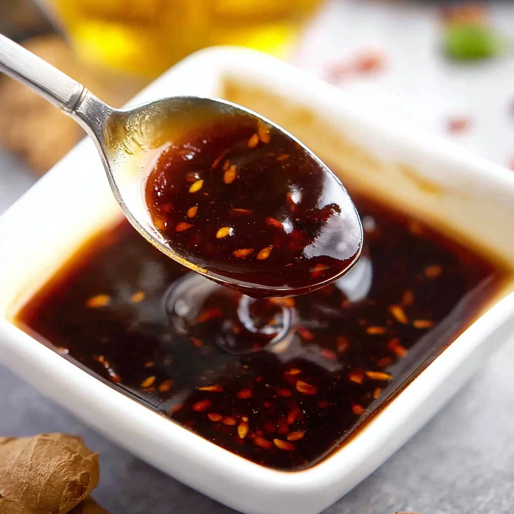 Homemade General Tso sauce with ingredients and recipe overview.