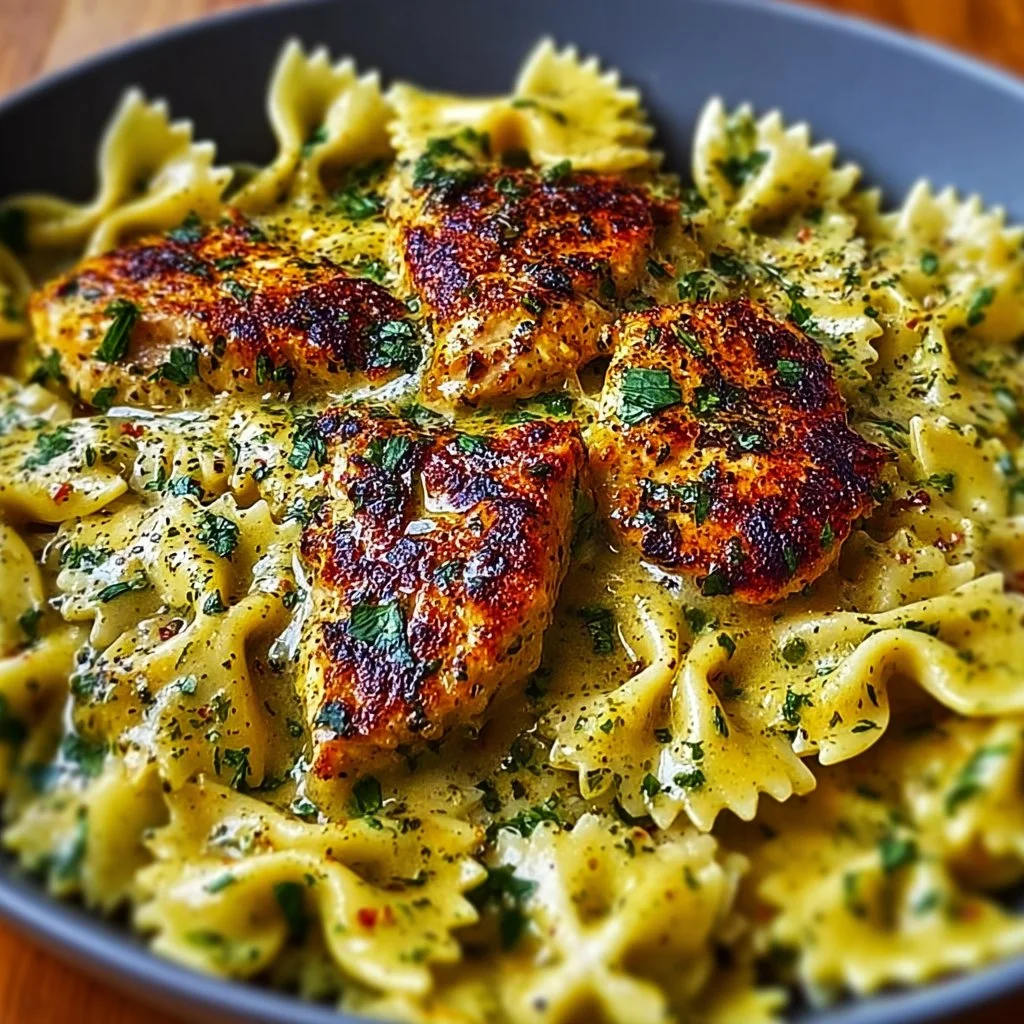 Creamy Mozzarella Garlic Butter Chicken Bowties topped with cheese in a comforting dish