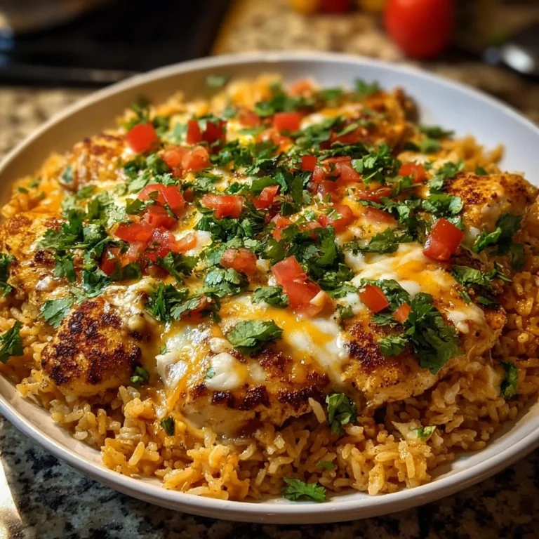 One-Pan Chicken Queso Rice with creamy cheese topping