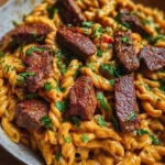 One-Pan Cajun Honey Garlic Steak Pasta dish with creamy sauce and vibrant ingredients