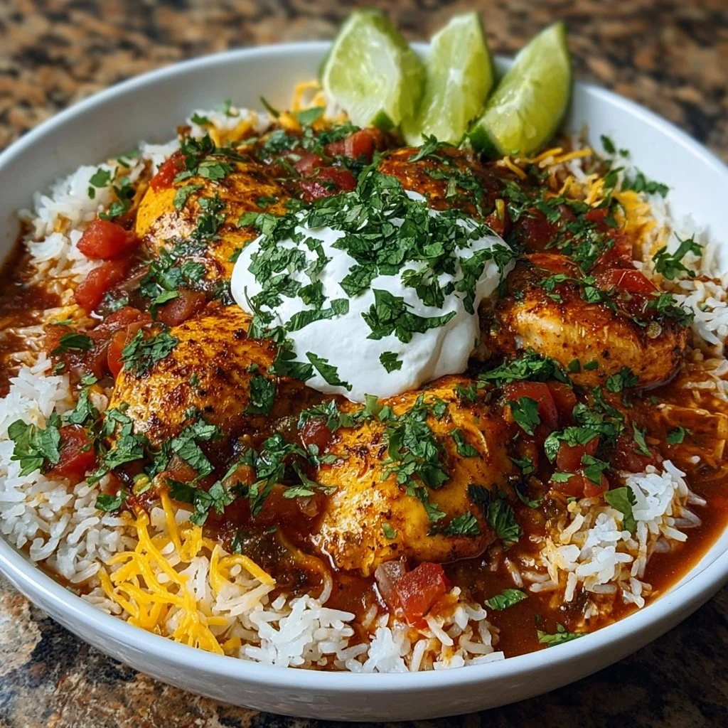 One-Pan Salsa Chicken with Cheesy Rice - A delicious and creamy meal