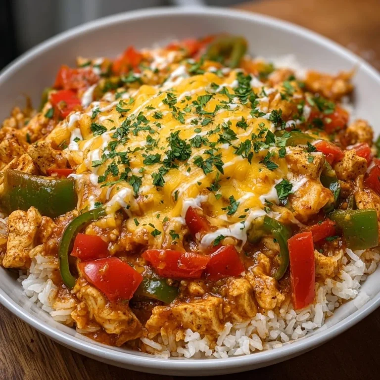 One-Pot Cheesy Chicken Fajita Rice dish with creamy sauce and colorful vegetables