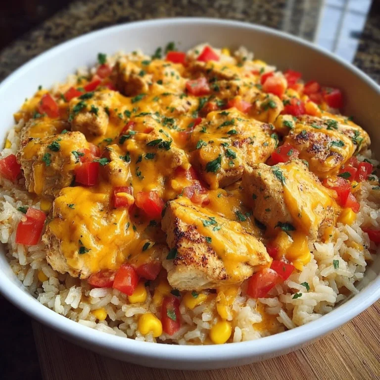 One-Pot Cheesy Mexican Chicken and Rice dish with vibrant colors and cheese